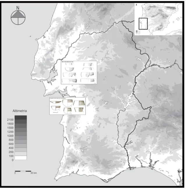 Figura 10 – Recipientes lisos, em contexto doméstico, das primeiras fases do Megalitismo funerário                    (adaptado de: Soares e Silva, 2013; Neves, inédito; base cartográfica: Boaventura, 2009).