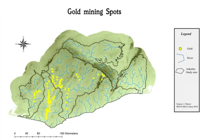 Figure 7 Small scale gold mining spots and river systems 