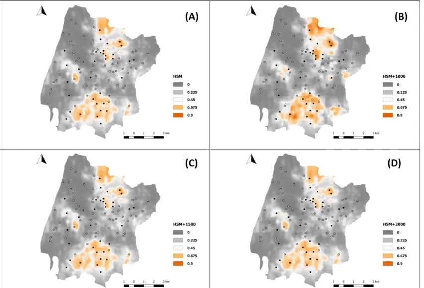 Fig.  3-HSM  and  HSM+P  prediction  maps  made  using  the  landscape  variables:  (A)  Habitat  suitability  model;  (B)  HSM+P_1000;  (C)  HSM+P_1500;  (D)  HSM+P_2000
