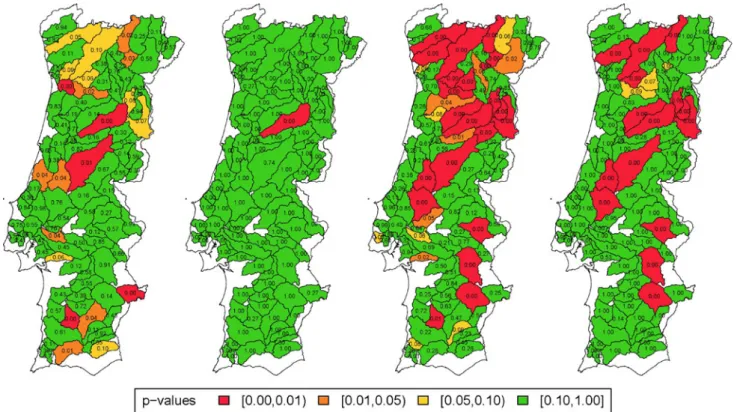 Fig. 3 p-values from the independence test for the first principal component PC1 of the fire perimeter and the burnt area (on a log scale), by watersheds