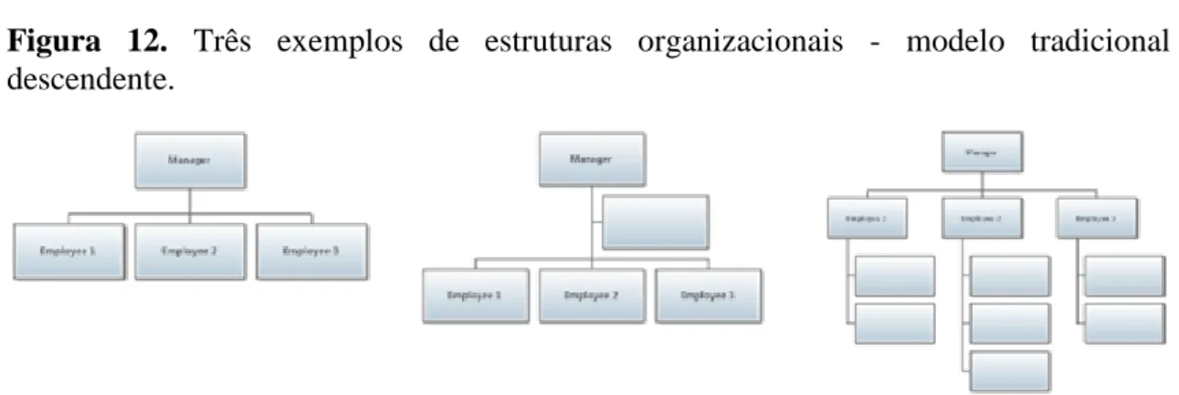 Figura  12.  Três  exemplos  de  estruturas  organizacionais  -  modelo  tradicional  descendente