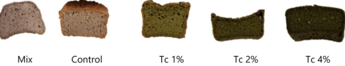 Figure 3. General aspect of the GF breads prepared with commercial mix, control and 1, 2 and 4% (w/w) T