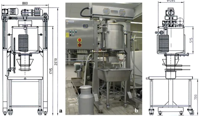Fig. 2. Building details of the novel cheesemaking apparatus: (a) periscope for drainage (white arrow); (b) upper end of cheese vat, showing the lid with opening used to add the (plant) rennet, and the detector that determines the position at which the sti
