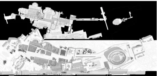 Fig. 7. Planimetria di assetto generale: la quota archeologica e la quota urbana. Sezione longitudinale lungo  via dei Fori Imperiali.