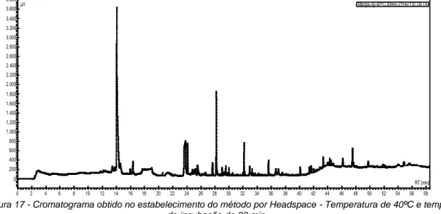 Figura 17 - Cromatograma obtido no estabelecimento do método por Headspace - Temperatura de 40ºC e tempo  de incubação de 30 min
