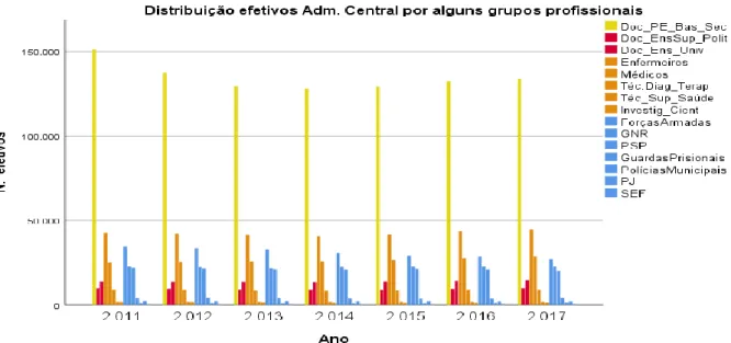Figura 13. Distribuição dos efetivos da Adm. Central por alguns grupos profissionais 