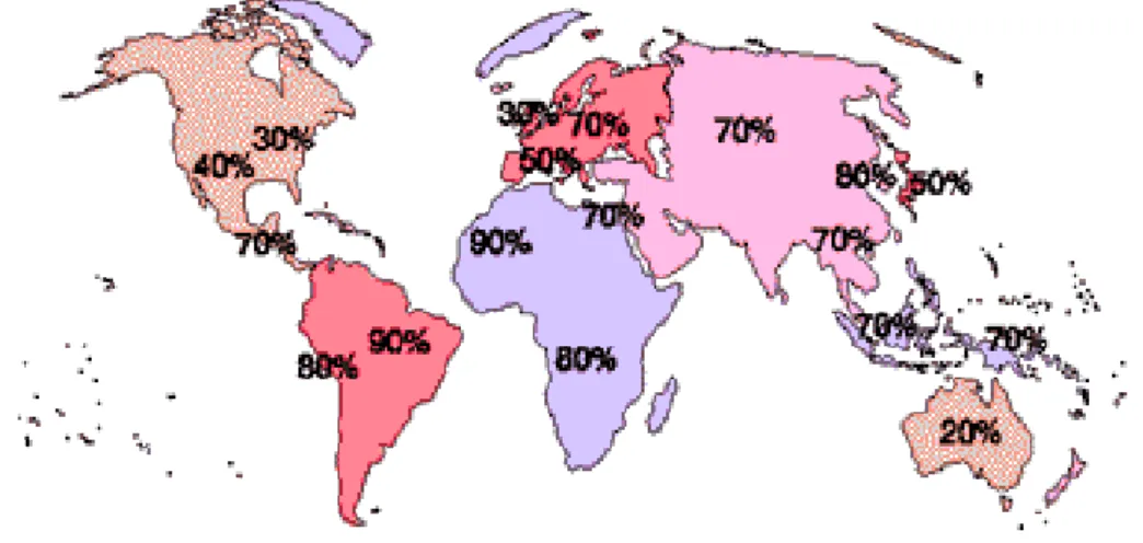Figura 1.3. Prevalência de infeção por H. pylori no mundo. (© Helicobacter Foundation 2006)