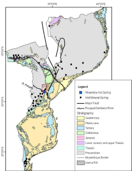 Fig. 4 - Geologia, nascentes termais e frias de Moçambique (Steinbruch &amp; Broder, 2008)  