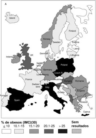 Figura 1- Prevalência da obesidade na Europa nos indivíduos do sexo masculino. 