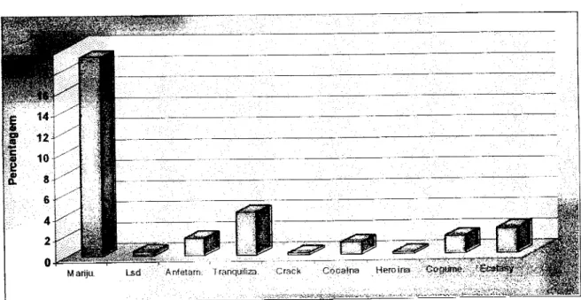 Gráfico 6:  Percentagens nos consumos de drogas nos estudantes da Universidade do Minho 