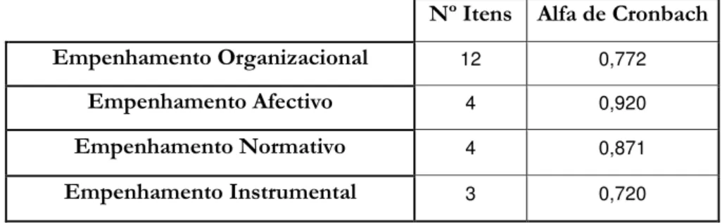 Tabela 7 – Alfa de Cronbach do questionário de Empenhamento Organizacional (12 itens)  e das 3 subescalas 