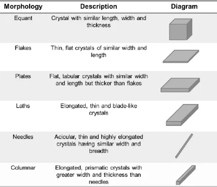 Table 1.1 – Classification of common crystal morphologies for pharmaceutical solids accepted by  the US Pharmacopoeia