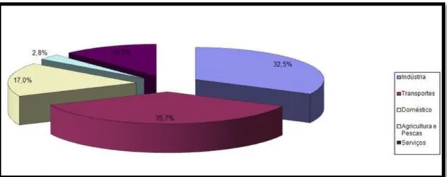 Figura 1.1- Consumo de energia final (%) por setor, 2012 (adaptado do site da DGEG)  Vários  mercados têm impulsionado o crescimento da indústria em termos de biocombustíveis