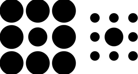 Fig 1. Example of the target stimuli used in this experiment (Ebbinghaus circles). The larger versus smaller surrounding circles makes it difficult to detect the real difference between center circles.