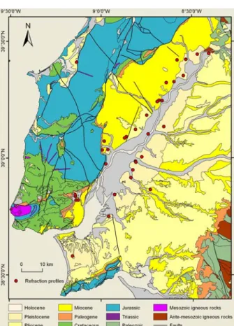 Figure 2: Location of the 34 shear wave refraction profiles  over a simplified geological map (adapted from LNEG,  2010)