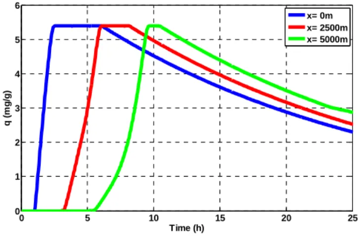 Figure 7.7 - Contaminant concentration in the water as function of position (Scenario 2) 