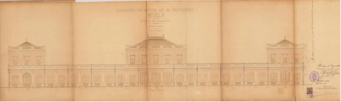 Figura 5: Proyecto de estación definitiva de “San Bernardo”, edificio de viajeros, fachada al andén  Fuente: A.H.F