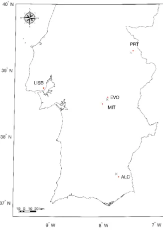 Figure 1. Geographical location for  measurements (black crosses) and 