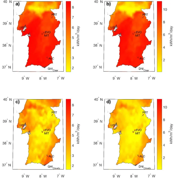 Figure 4 – Spatial distribution of predicted  daily irradiation availability (kWh/m 2 /day)  from the ECMWF model for two test cases 