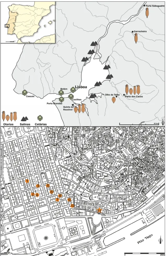 FigURA 1.  Em cima, distribuição das unidades piscícolas, olarias e zonas de exploração de sal (em épocas  históricas recentes) no vale do Tejo; em baixo, localização das unidades de preparados de peixe na cidade de  Lisboa: 1