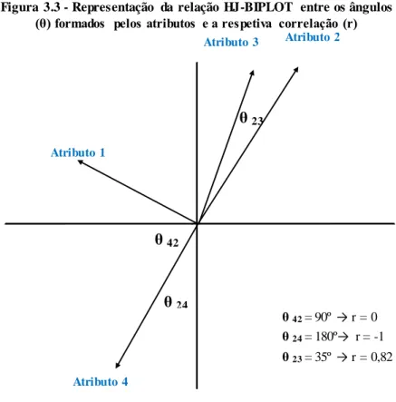 Figura  3.3 - Representação  da  relação  HJ-BIPLOT  entre os ângulos  (θ) formados  pelos atributos  e a respetiva  correlação  (r)