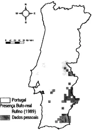 Figura  1.  Distribuição  do  Bufo-real  Bubo bubo  no  Sul  de  Portugal,  com base  em  Rufino (1989) e  em  dados pessoais  (1997-2OOS).