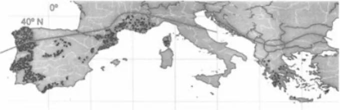 Figure 1. Location of sites from Southern Europe database. Also shown is a line roughly separating the Mediterranean part according to Blondel &amp; Aronson (1999).