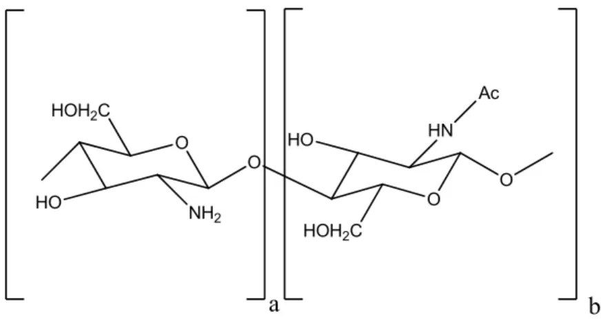 Figure 1. Structure of chitin and chitosan. Chitin is composed mainly by (b) units while  chitosan is composed predominantly by (a) units (>50%)