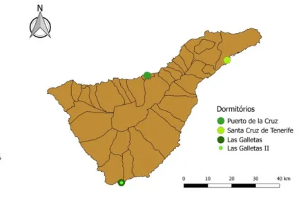 Figura 5: Localização dos dormitórios de P.krameri que foram amostrados no ano de 2017 durante o estudo em  Tenerife