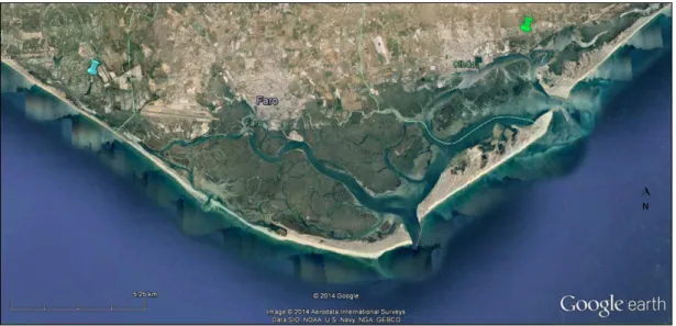 Figura  3  –  Localização  da  Lagoa  de  São  Lourenço  (a  azul)  e  do  Centro  de  Recuperação  e  Investigação de Animais Selvagens - RIAS (a verde)
