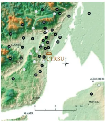 Figura 1. Localização dos levantamentos de flora epifítica na área envolvente à CTRSU  da Valorsul