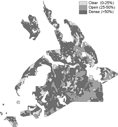 Fig. 3. Cork oak canopy cover map for the study area. Cork oak canopy cover as ground horizontal projection of the crown area in percentage of total area: clear montado (0–25%), open montado (25–50%) and dense montado (&gt;50%).