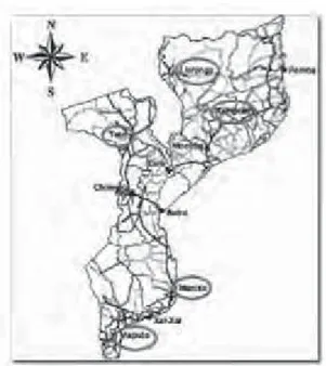 Figura 1 – Mapa de Moçambique com destaque  nos mercados considerados em análise. 