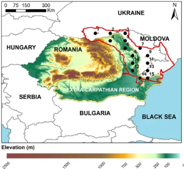 Figure 1. Map of Romania indicating the 15 grid points (from the Climatic Research Unit (CRU) database) covering the study area (delimited by a red line) and showing the Carpathians Mountains as well as the extra-Carpathian region [45] delimited here by a 