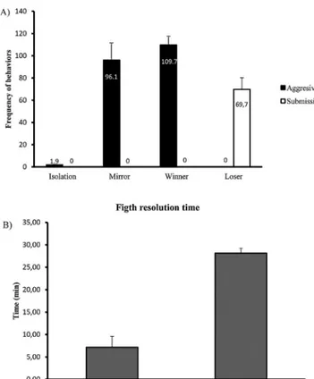 Fig. 2. Behavioural results. (A) Mean number of aggressive acts performed in the last 5 min of the 30 min agonistic interaction; error bars represent the standard error of the mean