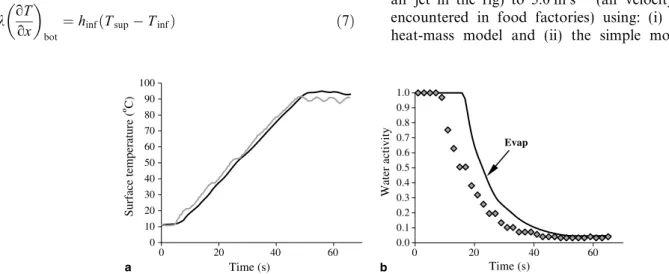Fig. 1. Comparison between measurements (grey) and results issued from the present user-friendly model for the 90 C fast treatment on meat samples: (a) surface temperature was measured using the calibrated IR sensor; (b) experimental a w were determined fr