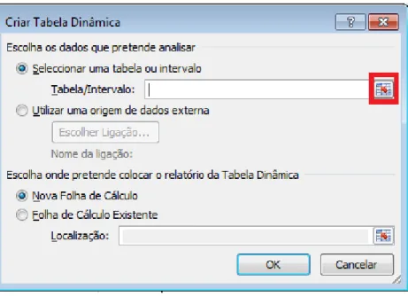 Figura  12:  Janela  do  Excel  na  qual  se  pode  selecionar  a  tabela  pretendida  para  a  criação  da  tabela dinâmica (neste caso foi selecionada a tabela importada do AgBase)