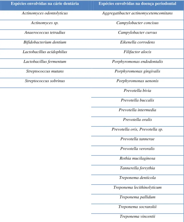 Tabela 5- Espécies microbianas presentes na amostra do OralInt v2.0 associadas às duas patologias  orais com maior impacto na medicina dentária (cárie e doença periodontal)