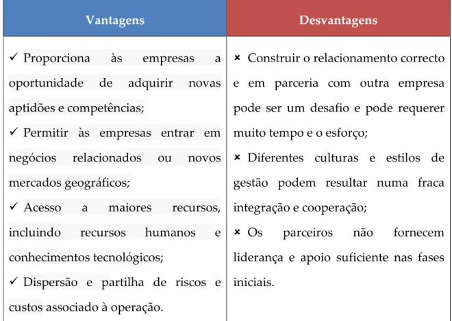 Tabela 8 – Vantagens e Desvantagens da Joint-Venture 