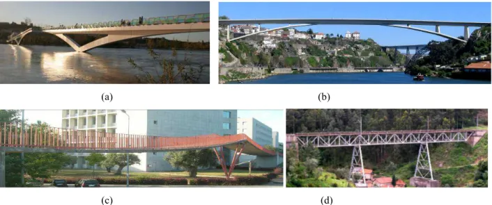 Figure 1: Images of (a) Pedro e Inês footbride, (b) Infante D. Henrique bridge, (c) FEUP Campus  stress-ribbon footbridge and (d) Trezói railway bridge