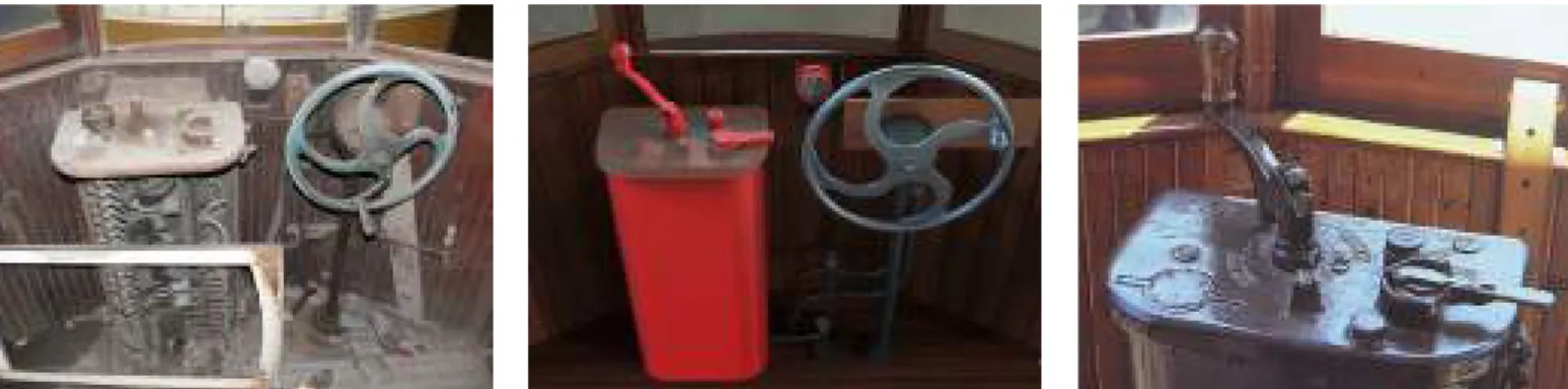Fig. 10 - Current condition of the driver cabin (one of two). Fig. 11 - Proposal of volumetric reintegration for the same controller  unit, with two handles, manometer and casing for an easier reading (in red)