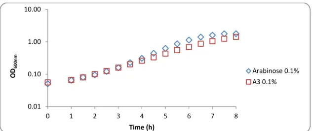 Figure 3.3 – Growth of B. subtilis ISN1 (ΔamyE::Pspank(hy)-spec) in CSK medium using arabinose  and arabionotriose as the sole carbon and energy source