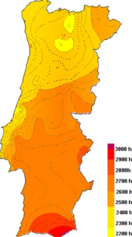 Figura 3.3. Média anual de radiação solar disponível em Portugal continental. (Loureiro, 2004)