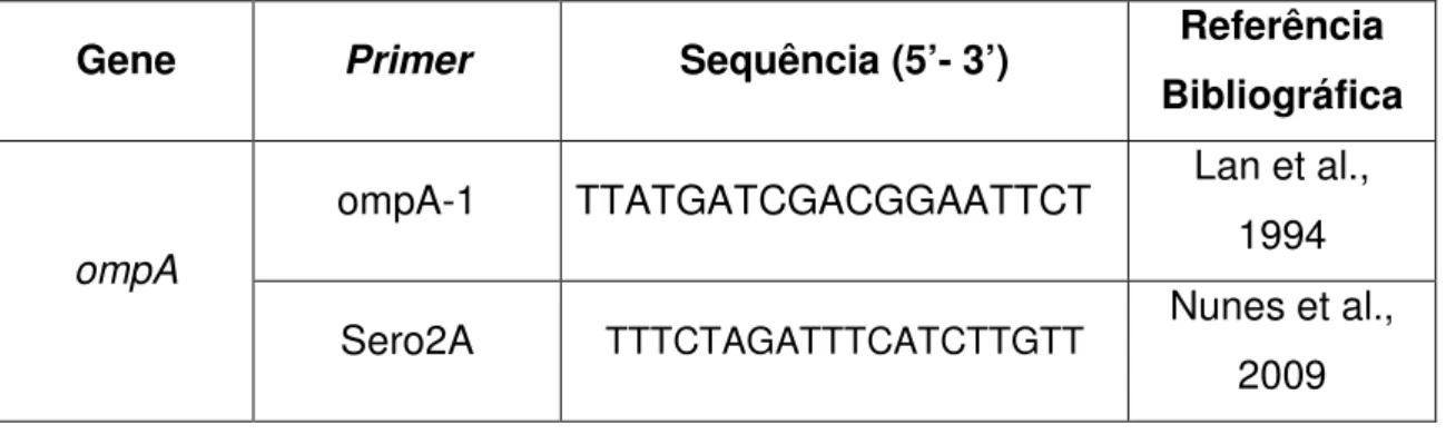 Tabela 3- Primers utilizados na sequenciação de produtos purificados do PCR ompA de  C