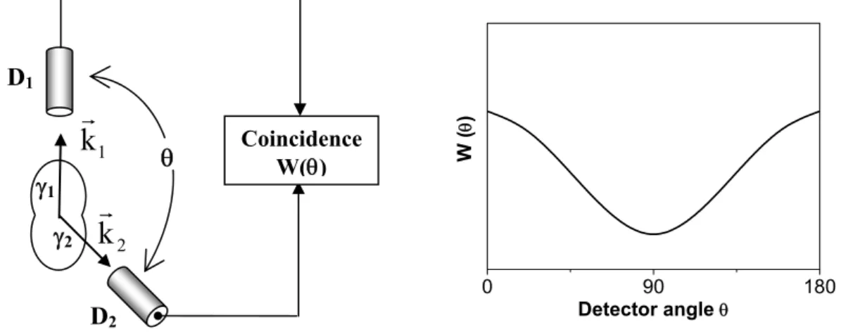 Figure 2.14 –  Experimental setup to measure the γ-γ angular correlation W( θ ),  represented at the right  hand side