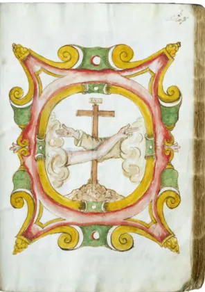 Ilustração aguarelada que abre o livro de registo das receitas e despesas da Ordem Terceira de  Coimbra, representando um símbolo franciscano, 1719-1739, liv.G2, fl.3 (SR: “Caixa” – Receitas  e Despesas, código de referência: PT-OTFCBR/A/B/02/02).