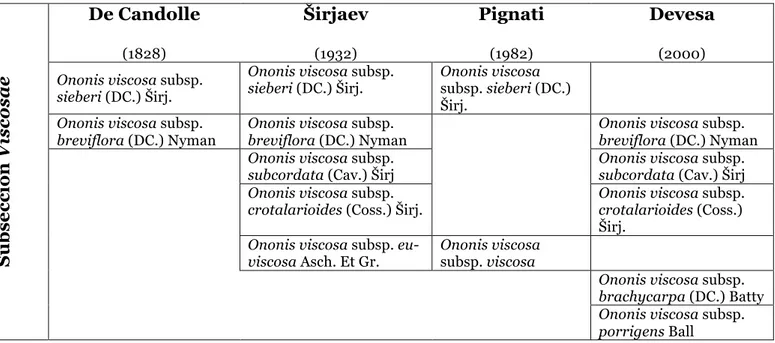 Tabla 3 -  Clasificación de las especies de la subsección Viscosae para cuenca mediterránea según diferentes  autores Subsección Viscosae De Candolle(1828) Širjaev(1932) Pignati(1982) Devesa(2000)Ononis viscosa subsp