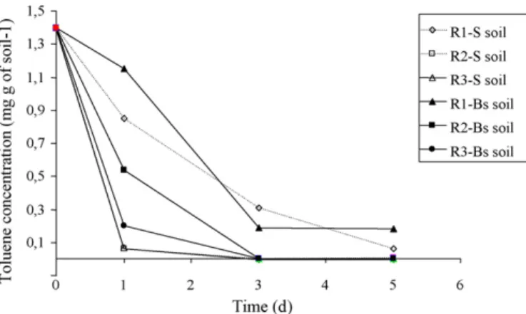Fig. 2. Experiment 1: Toluene concentration remaining in soil at the surface (S) and below surface (Bs) (4 cm) in reactors R1, R2 and R3