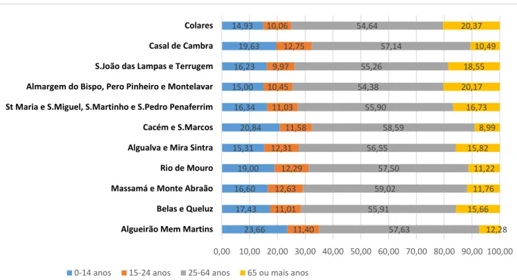 Figura 7 – Percentagem da população residente por grandes grupos etários (nº) das freguesias do  Concelho de Sintra 