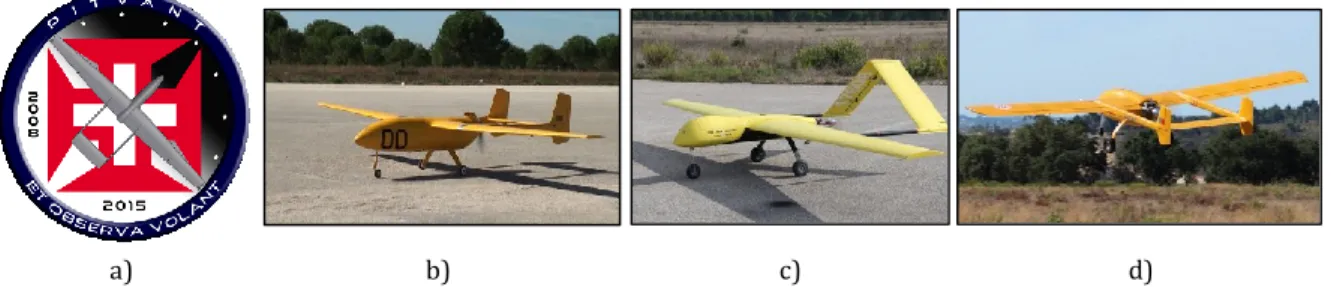 Figure 2 – a) The project’s Patch with its moto “ET OBSERVA VOLANT” [9]; b) ANTEX-X02 Alfa, UAS with maximum take  of weight (MTOW) of 25 kg [11]; c) UAS30, with MTOW of 30 kg [12]; d) ANTEX-X03, with MTOW of 149 kg [13]